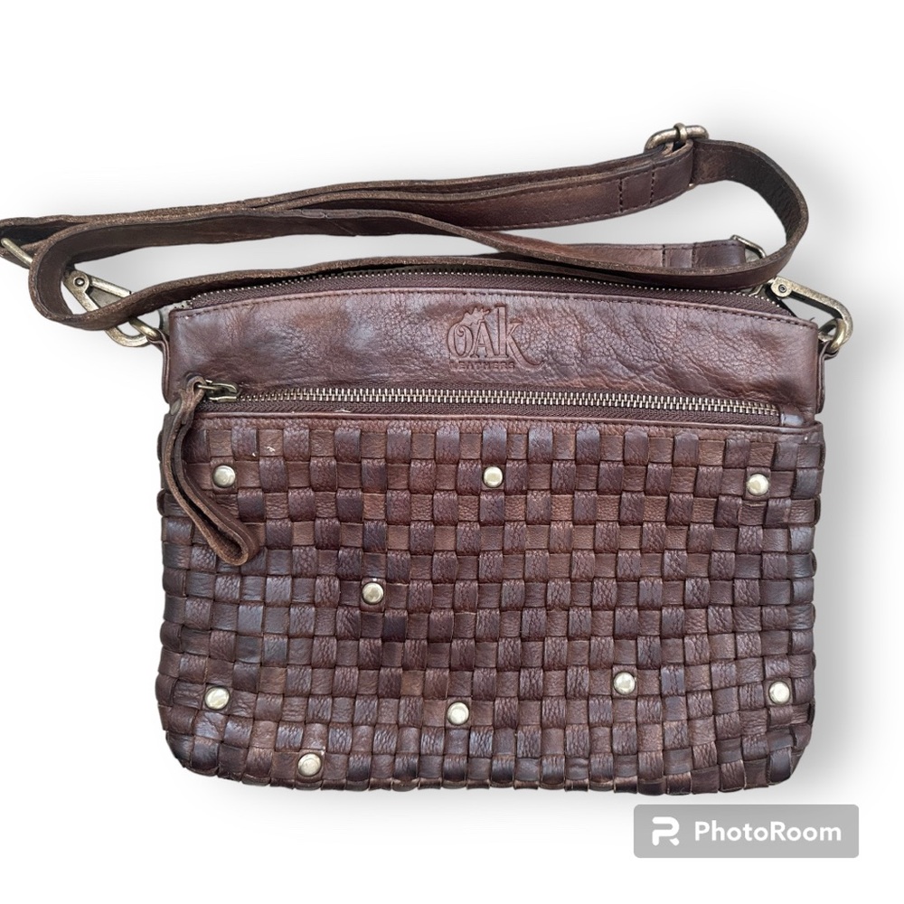 Oak Leathers Dark Rustic Brown Leather Handbag Woven Studded purse